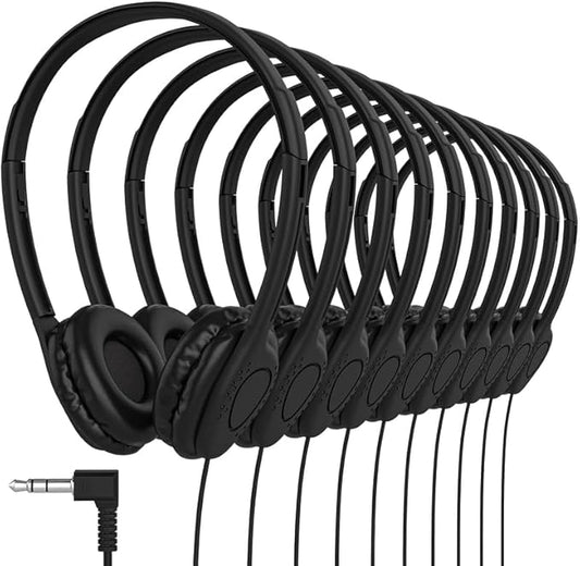 Maeline Kids Headphones for School Classroom K-12, Library, Museum, Travel, On Ear Stereo Headset with Adjustable Band & Faux Leather Cushions - 3.5mm Plug - 1000 Pack - Black