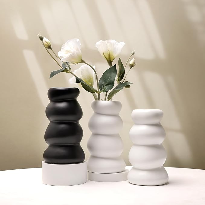 BosilunLife Ceramic Vase with Stacked Bubble Design – Boho Modern Sculptural Flower Vase for Home Decor, Shelf or Table Centerpiece (White)