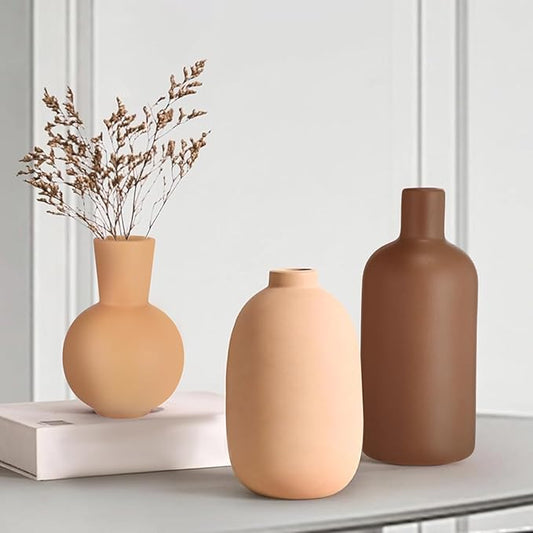 3 Pcs Ceramic Vases Modern Terracotta Vase Brown for Home Decor Round Matte Boho for Table Decor Living Room Minimalist Nordic Centerpiece Decorations