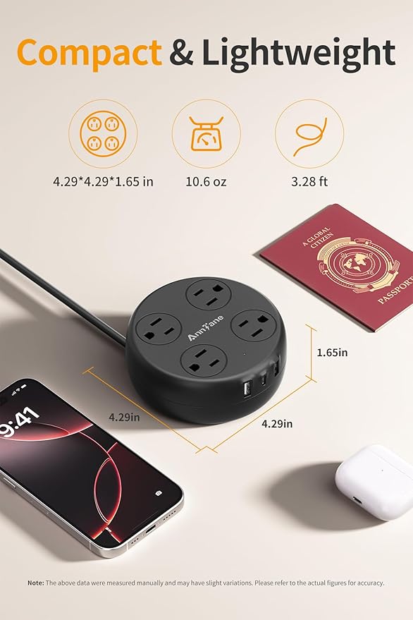 European Travel Plug Adapter - Retractable Power Strip with 4 AC Outlets & 3 USB Ports (USB-C), Type C Adapter for US to Most of Europe Iceland Spain Italy France Germany and More (Black)