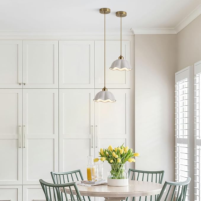 Modern Minimalist White Pleated Ceramics Pendant Lights Kitchen Island Mid Century Opal Glass Dome Adjustable Height Hanging Ceiling Light Fixture Brass Milk Glass Pendant Light MPL11-1 GD