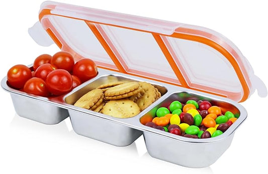 Ahongwenxi Stainless Steel Snack Box Containers, Reusable 3 Compartment Condiment Box with Lids, Food Container Sauce Cups, Divided Food Storage Containers for Home and Travel (Clear Lid)