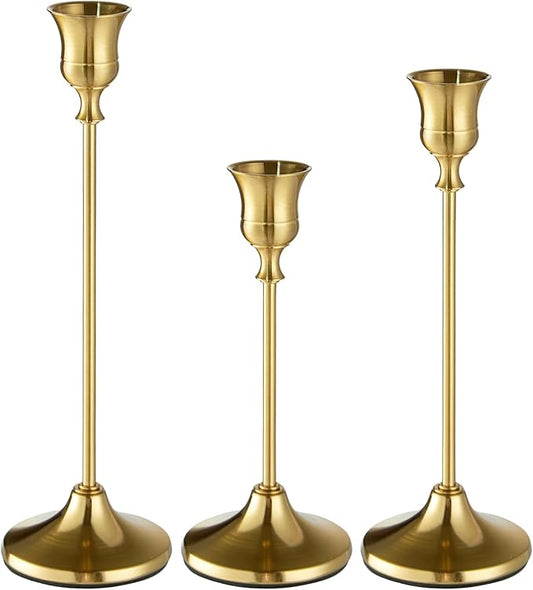 Willceka Gold Candlestick Holders, Taper Candle Holders, Set of 3 Brass Candle Holder Set, Vintage Table Centerpiece for Wedding Christmas Holiday