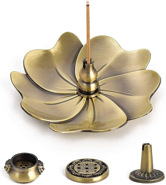 Sakura Flower Incense Holder, 5PCS Bronze Incense Burner Holder with Silk Pouch, Bowl-Shape, Lotus Multihole, Cone Shape and Gourd-Shape Ash Catcher Yoga Room Living Room Bedroom Home Fragrance