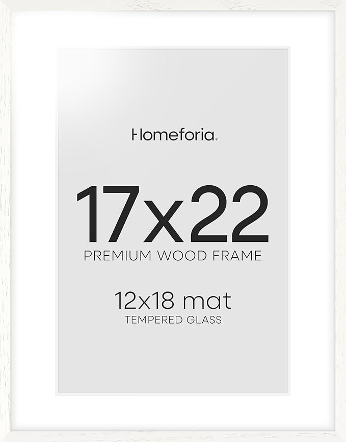 Homeforia 17x22 White Picture Frame, High End Oak 17x22 White Wooden Poster Frames with Mat 12x18 for Print, 17 x 22 Wood Frame Matted to 12 x 18 Photo, 22x17 Frame, Tempered Glass, Wall Kit, Set of 1