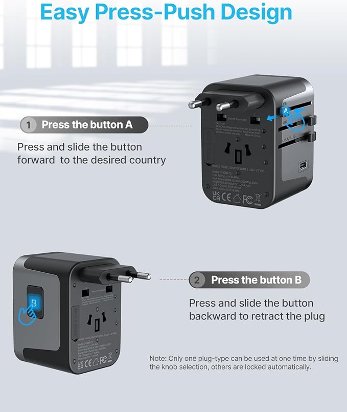 Universal Travel Adapter, VINTAR International Power Adapter with 6A 3 USB C and 2 USB Ports, All in One Travel Essentials Plug Adapter, Worldwide Outlet Converter for Europe UK USA AUS(Type C/G/A/I)