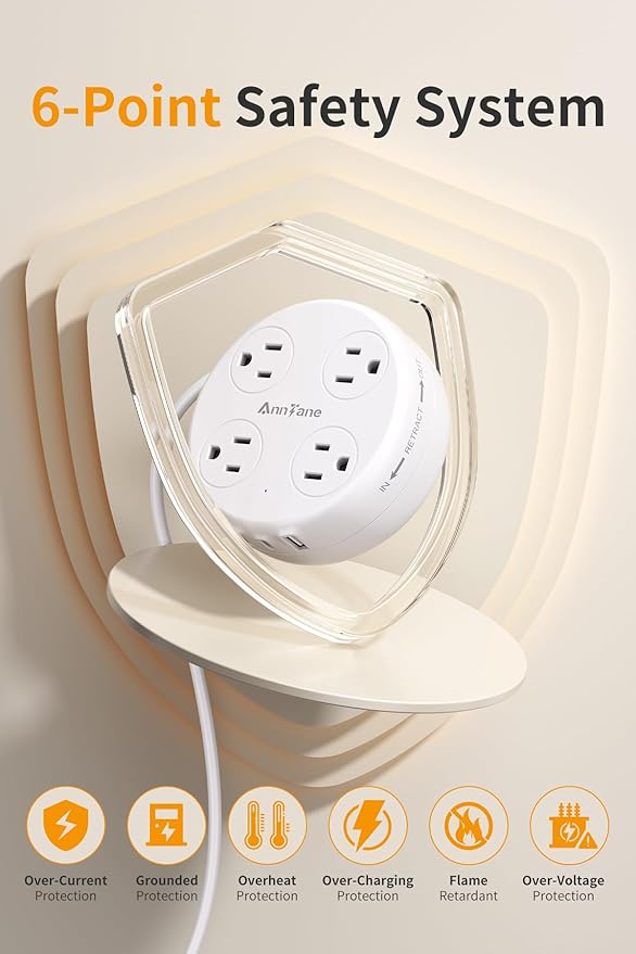 UK Travel Plug Adapter - Retractable Power Strip with 4 AC Outlets & 3 USB Ports (USB-C), Type G Adapter for US to UK, Ireland, Scotland, Hong Kong, Dubai (White)