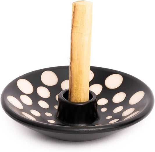 Luna Sundara Authentic Peru Pottery Palo Santo Stick Holder and Incense Holder with 5 Palo Santo Sticks Handmade Ceramic Smudge Bowl Sage Holder Black and White Polka Gift Set