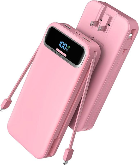 Portable Charger, 20000mAh 22.5W Fast Charging Power Bank with Built-in Cables & Wall Plug, Travel Essential External Battery Pack with LED Display, USB C Battery Phone Charger for iPhone Samsung Pink