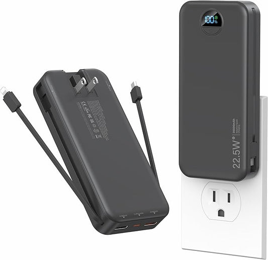 Portable Charger with Wall Plug, 20000mAh USB C Fast Charging Power Bank, External Battery Pack with Built in Cables, Digital Display, 5 Output 2 Input for iPhone Android Cell Phone Tablet