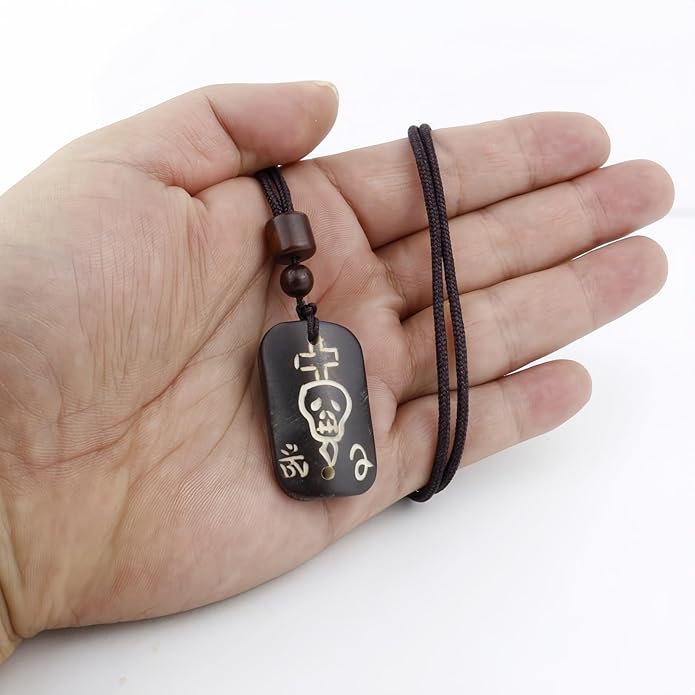 Handmade Black Bull Bone Pendant Necklace, Traditional Tribal Design, Wooden Beads, Adjustable Braided Rope, 24 Inch, Surfer Style