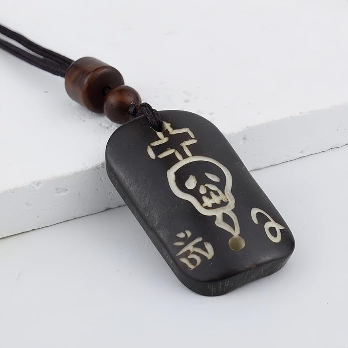 Handmade Black Bull Bone Pendant Necklace, Traditional Tribal Design, Wooden Beads, Adjustable Braided Rope, 24 Inch, Surfer Style