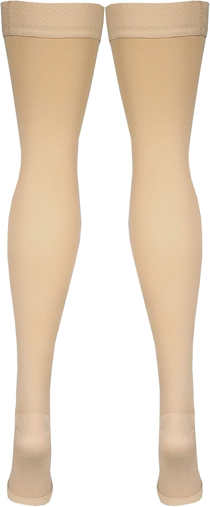 Amazon Basic Care Medical Compression Stockings, 20-30 mmHg Support, Women & Men Thigh Length Hose, Open Toe, Beige, X-Large (Previously NuVein)