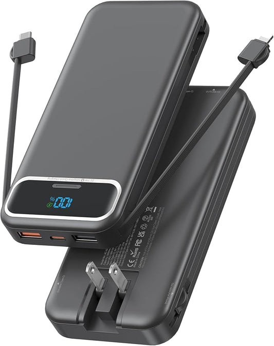 Portable Charger, 12000mAh 22.5W Fast Charging Power Bank with Built-in Cables & Wall Plug, USB C External Battery Pack with LED Display, Travel Essential Charging Bank for iPhone, iPad, Samsung Black