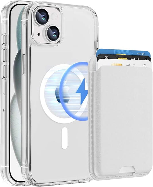 Magnetic for iPhone 14 Plus & iPhone 15 Plus Clear Case (Compatible with MagSafe) with White Detachable Wallet & Card Holder for 3 Cards [RFID Blocking] Military Grade Protective Slim Phone Cover