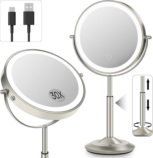 Makeup Mirror with Lights, 1X/30X Lighted Magnifying Mirror Height Adjustable, 3000mAh Rechargeable Double Sided Vanity Mirrors with 3 LED Lighting and Adjustable Brightness for Desk Women Gift