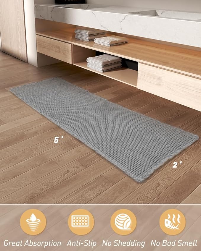 Upgraded Waffle Runner Rug Super Absorbent Non Slip Bath Mats for Bathroom Machine Washable Bathroom Runner Rug with Tassels, Ideal for Hallway Bedroom Laundry Room, Light Grey, 2' x 5'(24" x 60")