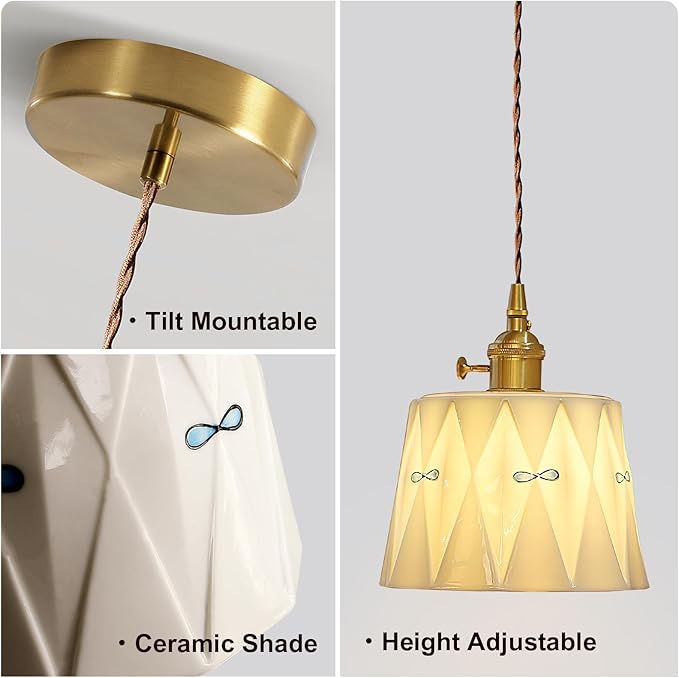 Vintage Ceramic Pendant Light, Mid Century Modern Hanging Lamp, White Ceramic Shade Brass Finish Ceiling Pendant Light for Bedside Dining Room Kitchen Island