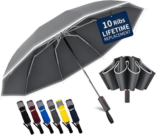 Rappeo 4-in-1 Inverted Travel Umbrella Compact, Automatic Large Umbrellas for Rain & Sun, Portable Windproof Umbrella for Backpack, Reverse Folding Umbrella for UV with Reflective Strips,Lightweight