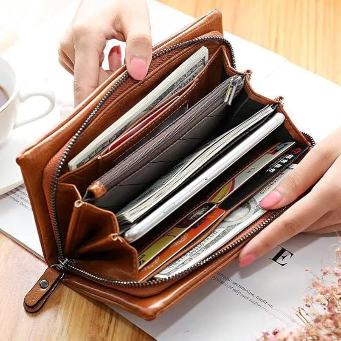 Vyrnox Genuine Leather Women's Long Vintage Zipper Money Clip Clutch Bag with RFID Blocking Coin Purse for Women Including Gift Box (Pink)