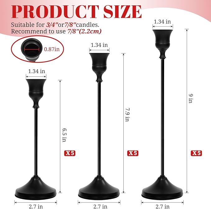Candlestick Holders 15 PCS, Metal Taper Candle Holder, Matte Black Candle Holders for Pillar Candles, Vintage Dining Table Centerpiece Decorations for Wedding Party Christmas Halloween Decor