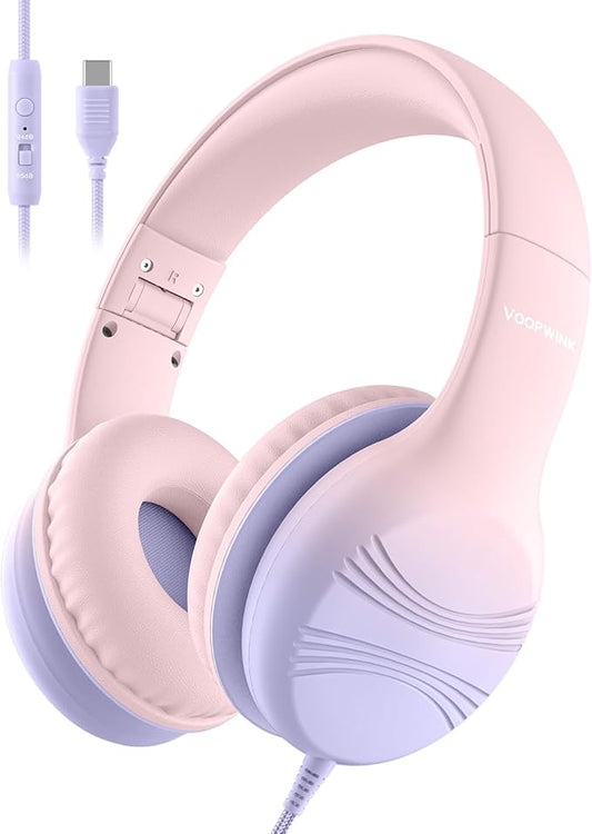 USB Type C Kids Headphones, Wired Headphones for Kids with Microphone 85/94dB Volume Limit, Stereo Sound Portable Over Ear Headphones for School/Travel/Tablet/iPad, Gradient Pink