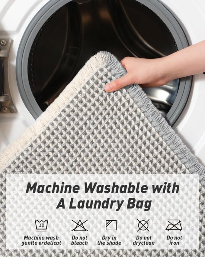 AMOAMI Upgraded Waffle Runner Rug Super Absorbent Non Slip Bath Mats for Bathroom Machine Washable Bathroom Runner Rug with Tassels, Ideal for Hallway Bedroom Laundry Room, 2' x 4', LightGrey & Cream