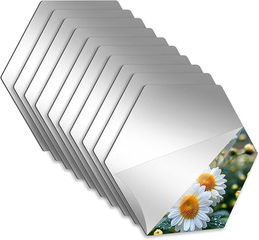 Abyssaly 10 Pack Acrylic Mirror Stickers 11.8" x 11.8", 3D Hexagon Flexible Plastic Mirror Tiles for Wall, Frameless Non-Glass Full Length Stick on Espejos Wall Tile Sheets for Bedroom Home Gym Door