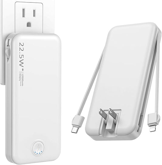 Portable Charger, 12000mAh 22.5W Fast Charging Power Bank with Built-in Cables & Wall Plug, Travel Essentials External Battery Pack, USB C Battery Phone Charger for iPhone, iPad, Samsung White