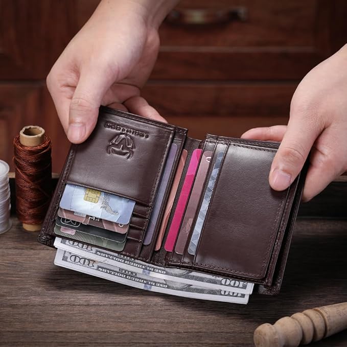 LEBULLBRO Genuine Leather Bifold Wallet RFID Blocking Wallet Large Capacity Purse Credit Card Holder for Men with 15 Card Slots (Black)