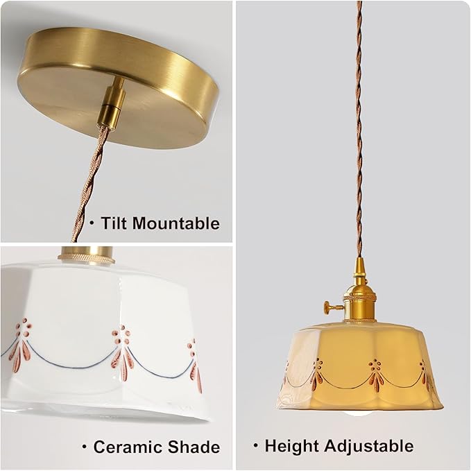Ceramic Pendant Light, Modern Ceiling Hanging Lamp with White Ceramic Lampshade, Adjustable Farmhouse Pendant Light for Kitchen Island Bedroom Restaurant