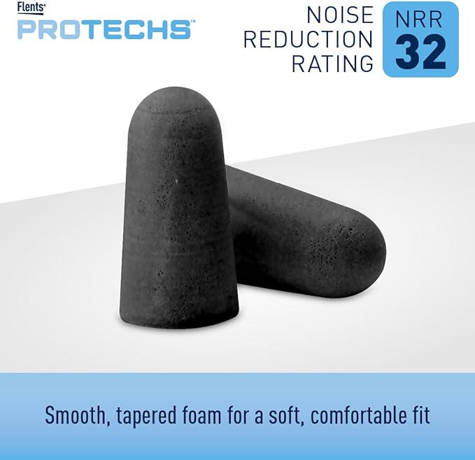 Flents Protechs Foam Ear Plugs for Sleeping, Snoring, Traveling, Concerts, Construction & Studying, Ultra Soft & Comfortable, Black, 10 Pairs, NRR 32 Hearing Protection for Loud Noise
