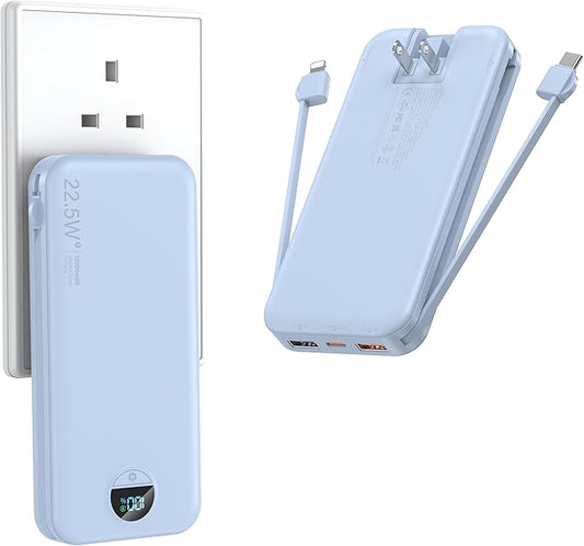 Portable Charger with Wall Plug, 12000mAh USB C Power Bank Fast Charging, External Battery Pack with Built in Cables, Digital Display, 5 Output 4 Input for iPhone Android Cell Phone Tablet
