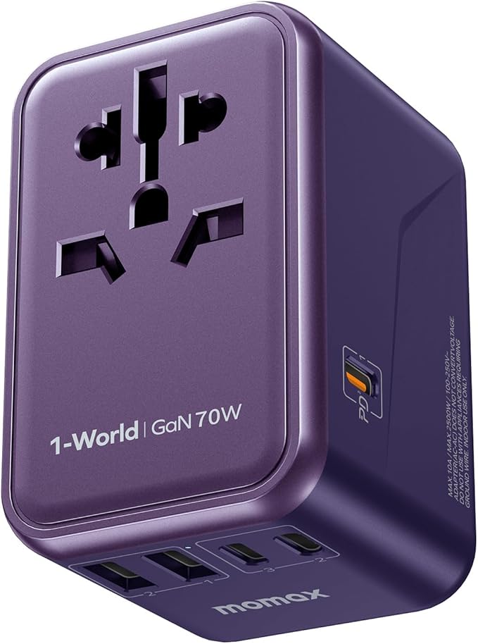 MOMAX 6-in-1 Universal Travel Adapter, GaN 70W International Power Adapter, 3 USB-C PD Fast Charging & 2 USB-A QC, 1 AC, All-in-One International Plug Adapter for Travel European UK AUS JP
