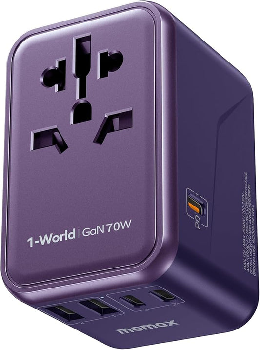 MOMAX 6-in-1 Universal Travel Adapter, GaN 70W International Power Adapter, 3 USB-C PD Fast Charging & 2 USB-A QC, 1 AC, All-in-One International Plug Adapter for Travel European UK AUS JP