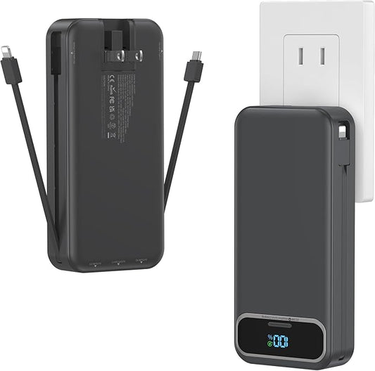 20000mAh Lightweight-Portable-Charger-Power-Bank with Built-in Cables and AC Wall Plug, PD20W USB-C Fast Charging Battery Pack, LED Display External Travel Phone Charger for All iPhone,Samsung,Android