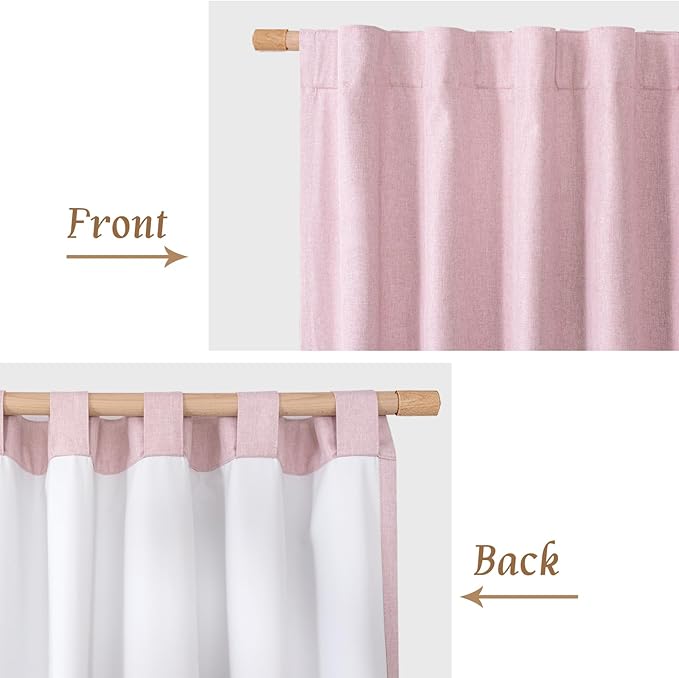 LAMIT Linen 100% Blackout Window Curtains for Bedroom, 45 Inches Linen Textured Thermal Farmhouse Curtains Back Tab and Rod Pocket Window Panels with White Liner, 2 Panels, 38 x 45 Inch, Pink