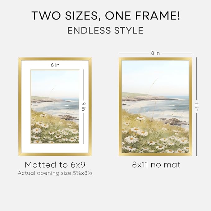 Homeforia 8x11 Picture Frame Gold, High End Metal 8 x 11 Poster Frames with Mat 6 by 9 for Photo, 11x8 Frame Matted to 6x9 inch Print, 8by11 Wall or Tabletop Frames, Tempered Glass, Wall Kit, Set of 1