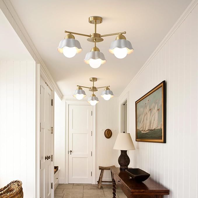 Mid Century Modern Brass Semi Flush Mount Ceiling Light 3 Lights Milk Opal Glass Ceiling Light Fixture Gold Sputnik Chandelier Light Fixture Vintage Hanging Ceiling Lights for Foyer MCL08-3 GD