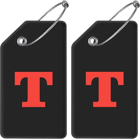 Gostwo 2 Pack Silicone Luggage Tags for Suitcases, 26 Initial Letter Baggage Labels Handbag School Bag Suitcase Instrument Tag with Stainless Steel Loop(Black)(Letter T)