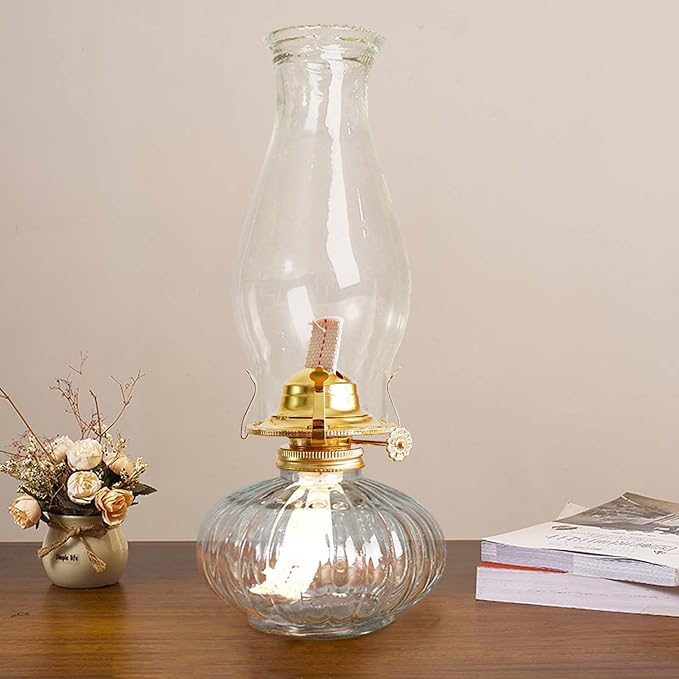 Large Oil Lamp for Indoor Use,Rustic Kerosene Lamp with 2 Pcs Wicks and 1 Tweezers,Glass Hurricane Lantern for Home Emergency Lighting (Clear)
