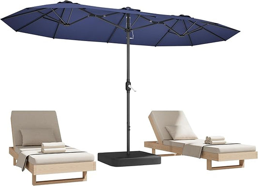 DomeShade 15ft Patio Umbrella with Base,Large Outdoor Double-Sided Rectangle Umbrella with Crank Handle, Market Umbrella for Poolside Garden Deck Backyard Beach Pools, Blue