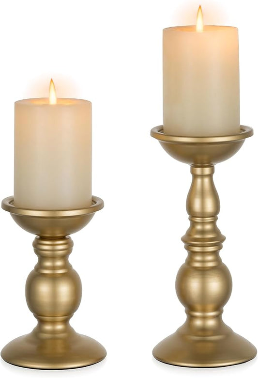 2 Pcs Gold Pillar Candle Holders, Gold Candlestick Most Ideal for 3" Pillar Candles, Gifts for Wedding, Party, Home, Spa, Reiki, Votive Candle (S + L)