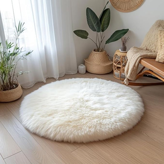 Woolous Round Sheepskin Rug Natural Wool Lambskin, White Circle Area Rug, Ultra Soft & Fluffy Plush Fur Non Slip Carpet for Bedroom, Living Room, Nursery & Floor Decor (3.3x3.3 ft)