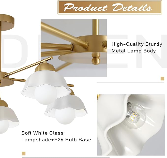 5-Light Modern Chandelier Large Opal White Glass Sputnik Pendant Light Fixture Brass Semi Flush Mount Ceiling Light Vintage Living Room Close to Ceiling Chandelier Light for Bedroom MCL08-5 GD