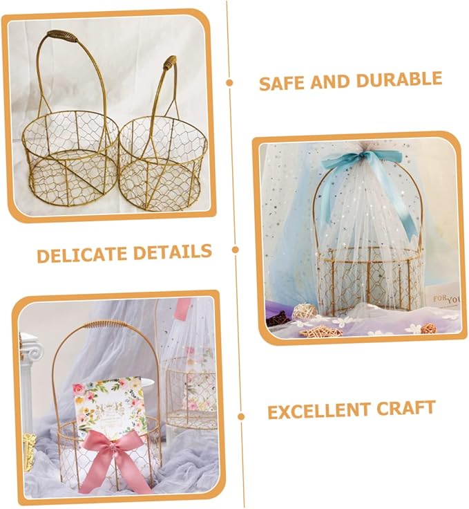 Round Decorative Wire Basket with Handle Versatile Storage for Home Organization Weddings and Events Chic Design for Fruits Crafts and More