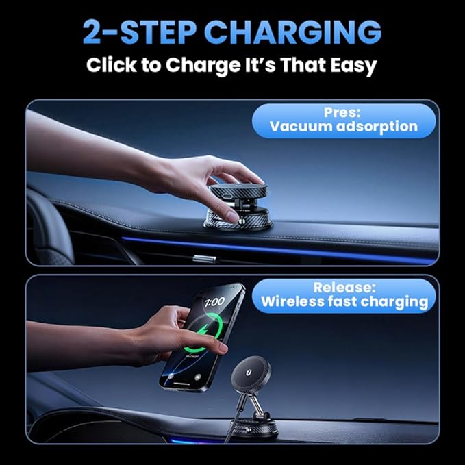 ZITUFAW 15W Fast Wireless Charger Magnetic Car Phone Holder, 360° Adjustable Magsafe Car Mount with Vacuum Suction Cup, Phone Holders for Your Car for iPhone & Android (Orange)