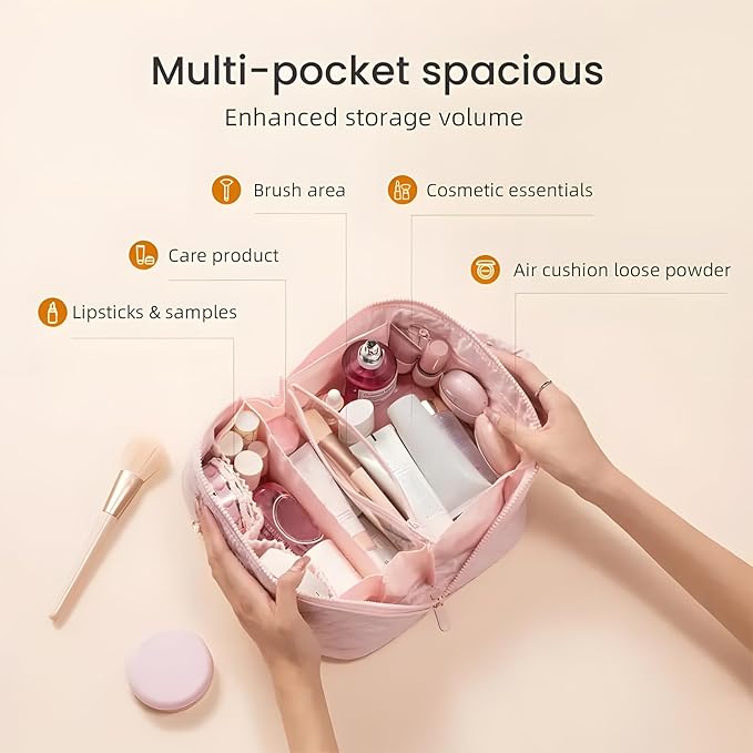 Amposei Makeup Bag Travel Toiletry Bag,Travel Makeup Bag for Women, Puffer Waterproof Cosmetic Organizer, Large Capacity Pouch Open Flat Small Toiletry Bag with Brush Compartment & Handle (Pink)