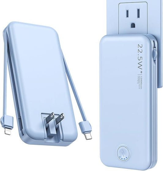 Portable Charger, 12000mAh 22.5W Fast Charging Power Bank with Built-in Cables & Wall Plug, Travel Essentials External Battery Pack, USB C Battery Phone Charger for iPhone, Samsung Light Blue