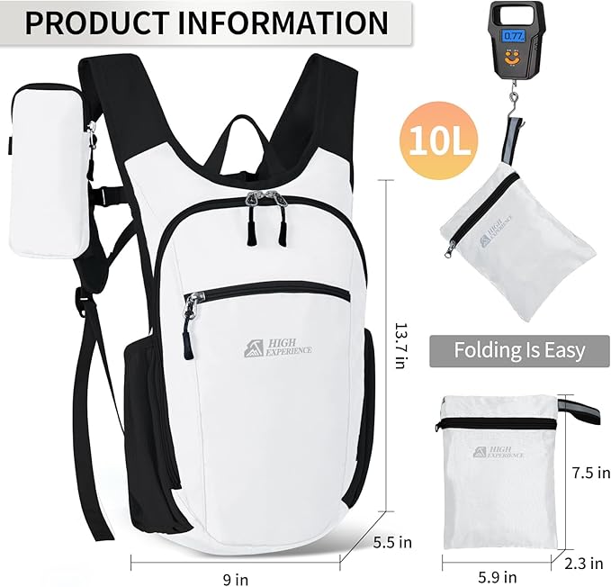 HIGH EXPERIENCE Hiking Backpack 10L/15L Small Daypack Lightweight Packable Travel Foldable Water Resistan for Women Men (White, 10L)